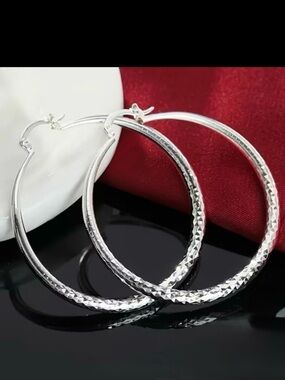 925 Sterling Silver Textured Hoop Earrings  Shiny Silver Hoops